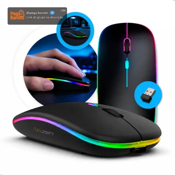Mouse Sem Fio Recarregável Bluetooth Wireless Óptico Ergonômico Sem Fio Led Rgb Gamer Para Notebook Pc Tablet Smartphone Preto Nixzen