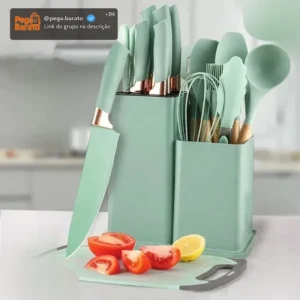Kit 19 Utensílios Para Cozinha Com Tábua E Espátula Verde - Imagem 1