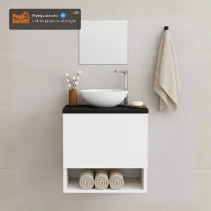 Gabinete Armário Para Banheiro Com Cuba E Espelho 40cm Pia Branco Móvel Preto Quantidade De Furos Para Torneira Um Furo - Imagem 1