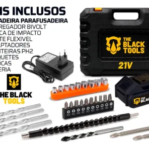 Parafusadeira Furadeira De Impacto Profissional 21v Tb21pw Com Kit Brocas E Buchas 300 Peças The Black Tools - Imagem 5