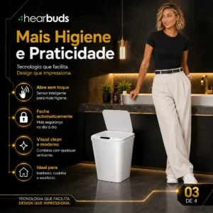 Lixeira Inteligente Automática Branca Universal Com Sensor Hearbuds Recarregável Anti Odor 16L - Imagem 5