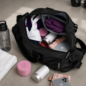 Bolsa Feminina Blogueira Esportiva Fitness Academia Chaveiro Cor Preto Desenho Do Tecido Liso - Imagem 6