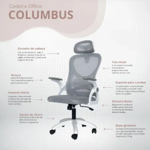 Cadeira De Escritório Columbus Presidente Ergonomica Cinza Mesh - Imagem 4