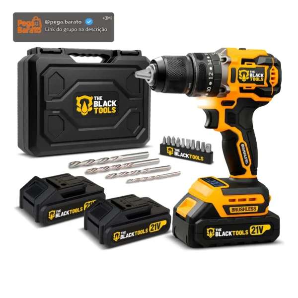 Parafusadeira Furadeira De Impacto Profissional Sem Fio 2 Baterias 21v Com Maleta Tb-21yx The Black Tools