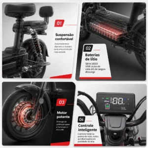 Bicicleta Elétrica Bolin 800W 48-60V 20Ah c/ Bateria de lítio Removível e Pneu 14” Subida de 25° Alarme Amortecedores Dianteiros e Traseiros Assistência ao Pedal Suporta até 150 kg - Imagem 4
