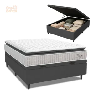 Cama Box Baú Colchão Casal Molas Ensacadas City Pillow Top 138x188x64cm Branco e Cinza Hellen Suporta até 110kg por Pessoa - Imagem 1