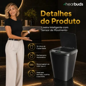 Lixeira Inteligente Automática Preta Universal Com Sensor Hearbuds Recarregável Anti Odor 16L - Imagem 5