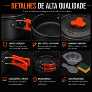 Jogo Panela Acampamento Tático Chaleira Antiaderente Preto - Imagem 3