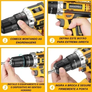 Parafusadeira Furadeira de impacto 3 Funções Profissional 2 Baterias Sem Fio Cor Amarelo - Imagem 6