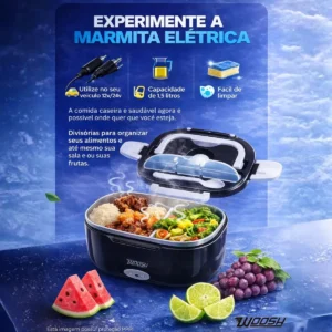 Marmita Elétrica Preta Bivolt Portátil Doméstica 110/220v Veicular 12/24v Lancheira 1.5l Com Divisórias Esquenta Rápido Refeições Práticas Trabalho Casa Carro Caminhão Viagem Faculdade Woosh - Imagem 4