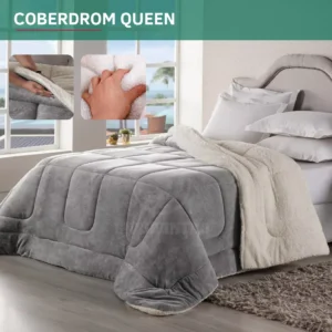 Coberdrom Casal Queen Size Sherpa Cobertor Edredom Inverno Pele Lã Carneiro Super Macio Suave Confortável Luxo Cor Cinza - Imagem 1
