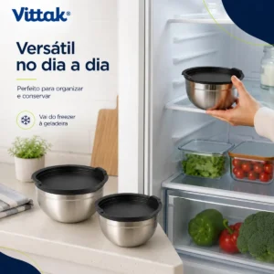 Vittak Conjunto 3 Bowls de Inox com Tampas Plásticas Utensílios de Cozinha Tamanhos Variados - Imagem 8