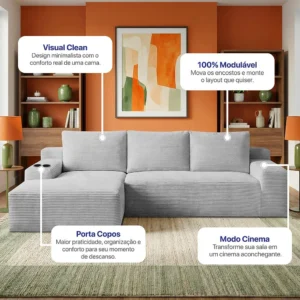 Sofá Evo. 2,70m Molas Ensacadas Com Chaise Esq. Cama Inbox - Imagem 5