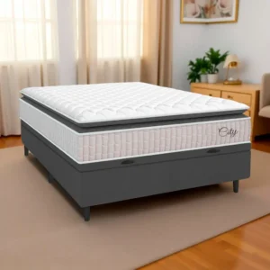 Cama Box Baú Colchão Casal Molas Ensacadas City Pillow Top 138x188x64cm Branco e Cinza Hellen Suporta até 110kg por Pessoa - Imagem 3