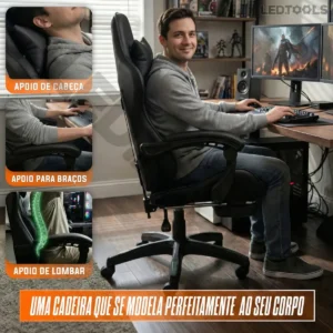 Cadeira Gamer Ergonômica Preta Reclinável Com Apoio dos Pés Led Tools Couro Sintético - Imagem 4