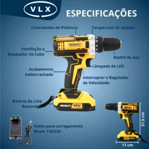Parafusadeira Furadeira 48V Profissional Sem Fio Com 2 Baterias Recarregáveis Maleta 10mm Reversível Kit Brocas Soquetes Carregador 340w 1550 Rpm Cor Amarelo Bivolt - Imagem 2