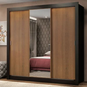 Guarda Roupa Casal Mônaco Madesa 3 Portas Correr Espelho Pr Cor Preto/Rustic 1093D81E - Imagem 1