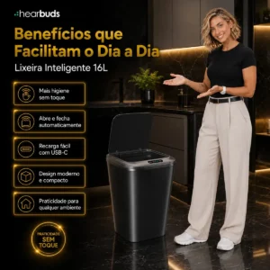 Lixeira Inteligente Automática Preta Universal Com Sensor Hearbuds Recarregável Anti Odor 16L - Imagem 3
