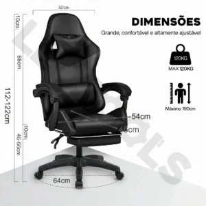 Cadeira Gamer Ergonômica Preta Reclinável Com Apoio dos Pés Led Tools Couro Sintético - Imagem 8