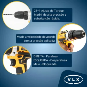 Parafusadeira Furadeira 48V Profissional Sem Fio Com 2 Baterias Recarregáveis Maleta 10mm Reversível Kit Brocas Soquetes Carregador 340w 1550 Rpm Cor Amarelo Bivolt - Imagem 4