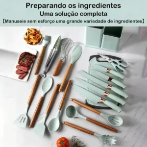 Kit 19 Utensílios Para Cozinha Com Tábua E Espátula Verde - Imagem 6