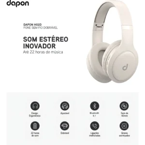 Fone De Ouvido Headphone Dapon H02d Bluetooth 5.1 Over-ear 22 Horas De Bateria Bege - Imagem 5