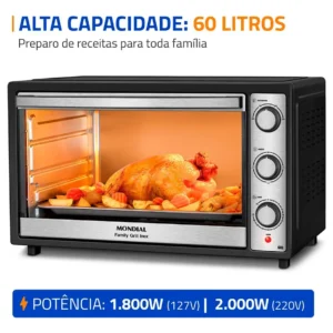 Forno Elétrico 60L Family Grill Inox Mondial Preto/Inox 1800W FRN-60-BI - Imagem 3