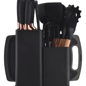 Kit19 Utensílios Silicone C/ Cabo De Madeira E Facas Em Inox - Imagem 1