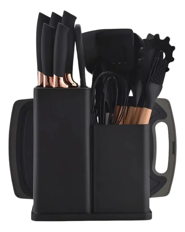Kit19 Utensílios Silicone C/ Cabo De Madeira E Facas Em Inox