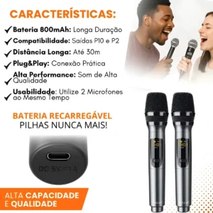 Microfone Sem Fio Duplo UHF Profissional Preto Recarregável Led Karaokê Palestras Shows Igrejas Apresentações Mzcell - Imagem 3