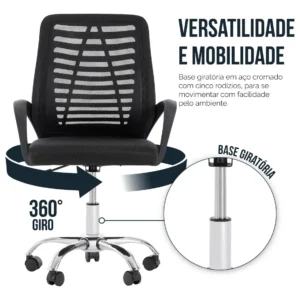 Cadeira De Escritorio Newconcept 351049 Esteirinha Mesh Altura Regulável Cor Preto - Imagem 8