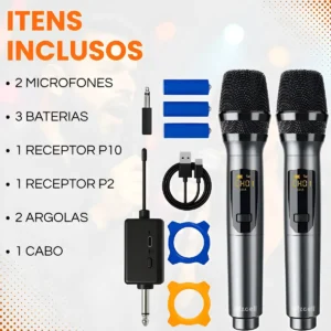 Microfone Sem Fio Duplo UHF Profissional Preto Recarregável Led Karaokê Palestras Shows Igrejas Apresentações Mzcell - Imagem 7