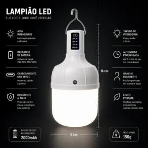 Lampião Luz Led Acampamento Pesca Recarregável Potente Usb - Imagem 4