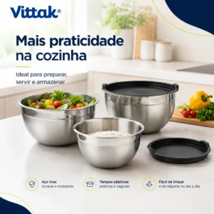 Vittak Conjunto 3 Bowls de Inox com Tampas Plásticas Utensílios de Cozinha Tamanhos Variados - Imagem 7