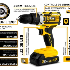 Parafusadeira Furadeira De Impacto Profissional 21v Tb21pw Com Kit Brocas E Buchas 300 Peças The Black Tools - Imagem 3