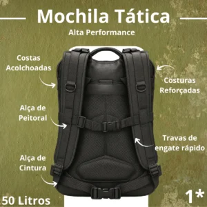 Mochila Tática Impermeável Militar Reforçada Grande 50 Litros Masculina Feminina Anne Preto - Imagem 4