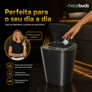 Lixeira Inteligente Automática Preta Universal Com Sensor Hearbuds Recarregável Anti Odor 16L - Imagem 4