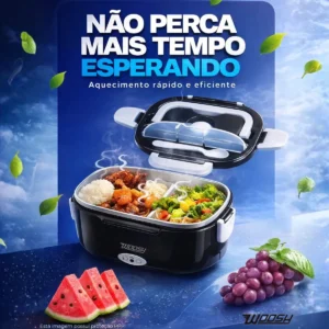 Marmita Elétrica Preta Bivolt Portátil Doméstica 110/220v Veicular 12/24v Lancheira 1.5l Com Divisórias Esquenta Rápido Refeições Práticas Trabalho Casa Carro Caminhão Viagem Faculdade Woosh - Imagem 3