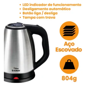 Chaleira Jarra Elétrica Bule 1,8 Litros Aço Escovado 1000w Sumay Cusine - Imagem 3