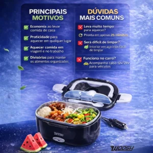 Marmita Elétrica Preta Bivolt Portátil Doméstica 110/220v Veicular 12/24v Lancheira 1.5l Com Divisórias Esquenta Rápido Refeições Práticas Trabalho Casa Carro Caminhão Viagem Faculdade Woosh - Imagem 5