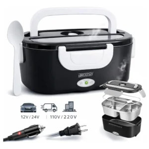 Marmita Elétrica Preta Bivolt Portátil Doméstica 110/220v Veicular 12/24v Lancheira 1.5l Com Divisórias Esquenta Rápido Refeições Práticas Trabalho Casa Carro Caminhão Viagem Faculdade Woosh - Imagem 1