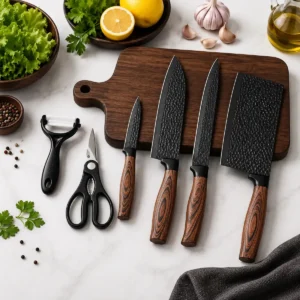 Conjunto 6 Peças Facas Descascador Tesoura Inox Jogo De Cozinha Churrasco Cabo De Madeira Óh Céus Aletronix - Imagem 7