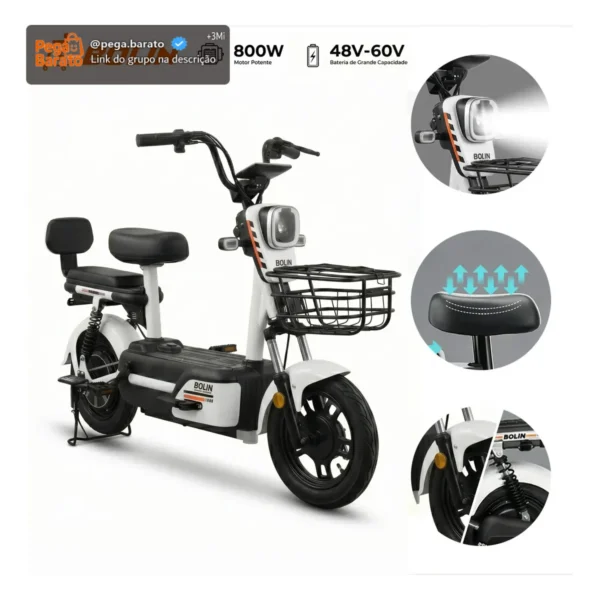 Bicicleta Elétrica Bolin 800W 48-60V 20Ah c/ Bateria de lítio Removível e Pneu 14” Subida de 25° Alarme Amortecedores Dianteiros e Traseiros Assistência ao Pedal Suporta até 150 kg