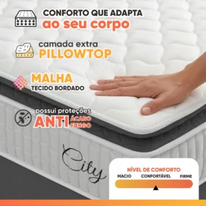 Cama Box Baú Colchão Casal Molas Ensacadas City Pillow Top 138x188x64cm Branco e Cinza Hellen Suporta até 110kg por Pessoa - Imagem 5