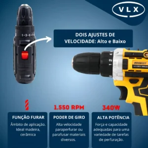 Parafusadeira Furadeira 48V Profissional Sem Fio Com 2 Baterias Recarregáveis Maleta 10mm Reversível Kit Brocas Soquetes Carregador 340w 1550 Rpm Cor Amarelo Bivolt - Imagem 5