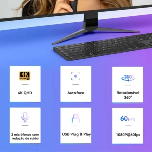 Webcam Emeet C60e 4k 30Fps Uhd 8mp Foco Automático 1080P 60fps Camera Para PC 2 microfon VideoConferencia Preto - Imagem 4