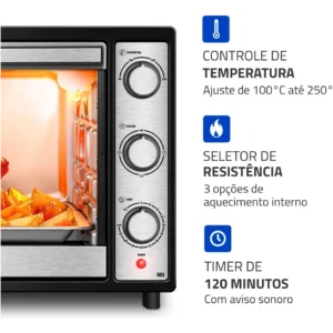 Forno Elétrico 60L Family Grill Inox Mondial Preto/Inox 1800W FRN-60-BI - Imagem 6
