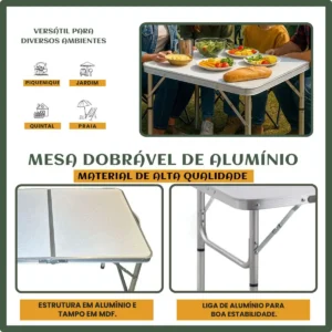 Mesa Dobrável Vira Maleta Alumínio Com Alça Portátil 90x60cm Para Camping Pesca Jardim Área Externa Ou Interna Salão De Festas Gourmet Cor Branco - Imagem 5