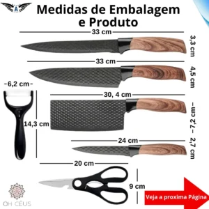 Conjunto 6 Peças Facas Descascador Tesoura Inox Jogo De Cozinha Churrasco Cabo De Madeira Óh Céus Aletronix - Imagem 4