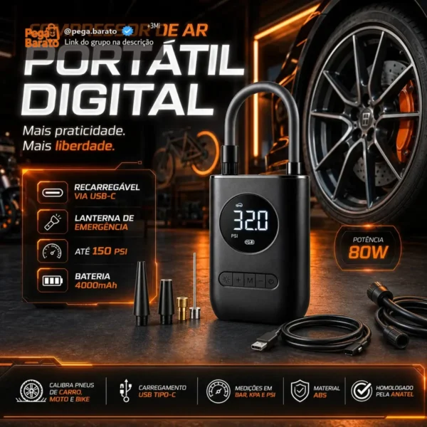 Mini Compressor De Ar De Bomba De Pneu Inflável Sem Fio B&G Preto 60 Hz Monofásica